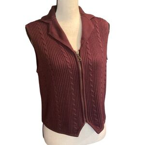 Vintage JHC Zip Front Sweater Vest Collared Cable Knit Burgundy Large Hong Kong